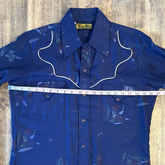 VTG Tem Tex Western Shirt Floral Pearl Snap White Piping Blue 70s Women’s Medium - Picture 5 of 10